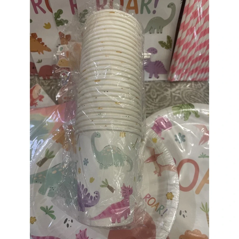 Pink Dinosaur Birthday Party Supplies Set Plates Cups Napkin Tablecloth Bag Roar